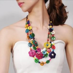 CHICO'S HANDMADE COLORFUL WOOD FLORAL NECKLACE NWOT